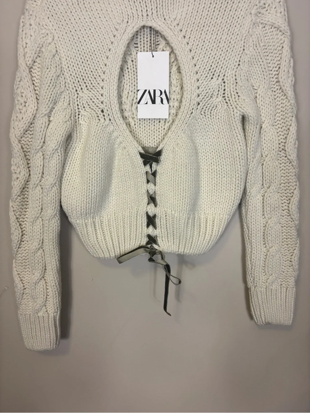 Zara Cream Cable Knit Mock Neck Sweater with Lace Up Back Women’s Small